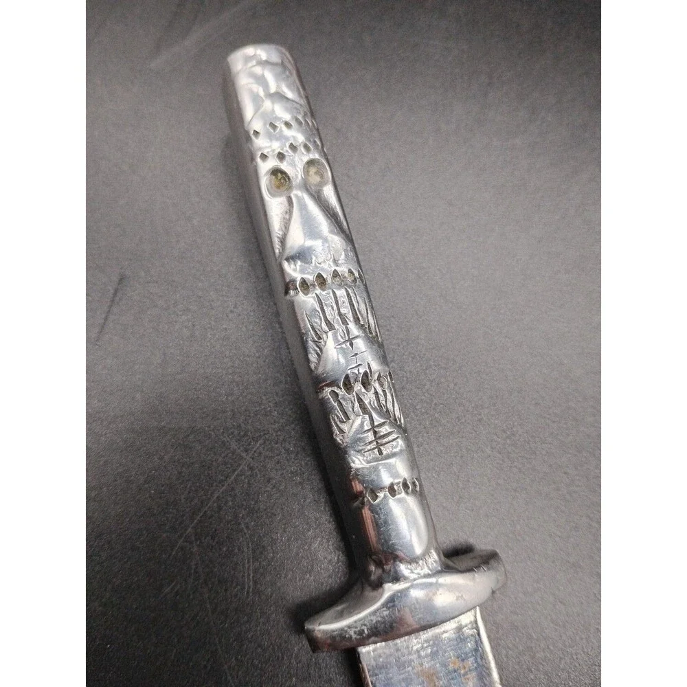 Vintage 9” Mexican Souvenir Dagger Aluminum Tribal Handle Engraved Blade Sheath